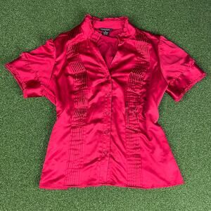 Vintage Sunny Taylor Red Ruffle Short Sleeve Pintuck Button Satin Blouse Sz XL